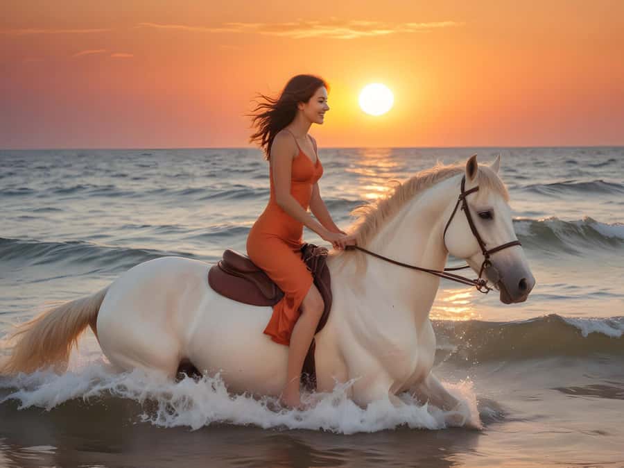 A rider crossing shallow water at sunset on a white horse